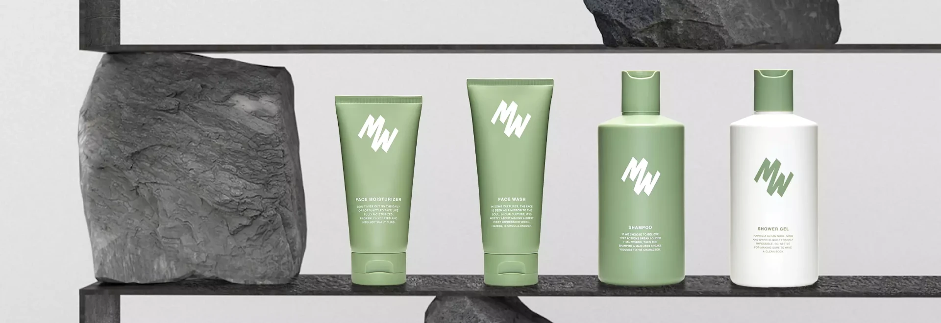 MenWith Skincare products on a stone shelf